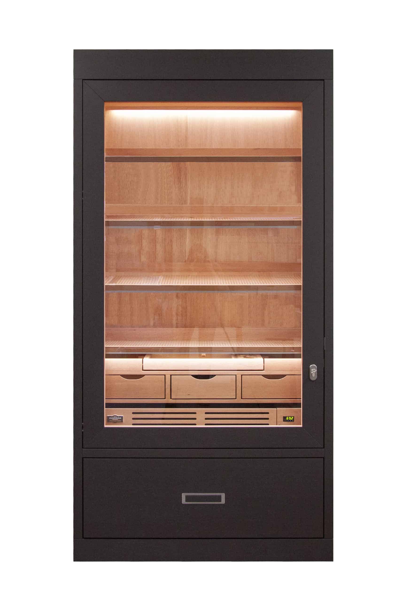 cigar cabinet for cigar storage with electronic humidification in stained oak