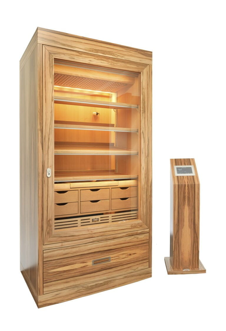 Cigar cabinet from Gerber made in Germany electronic humidification in Satin Walnut. The inner cabinet is made from Spanish Cedar