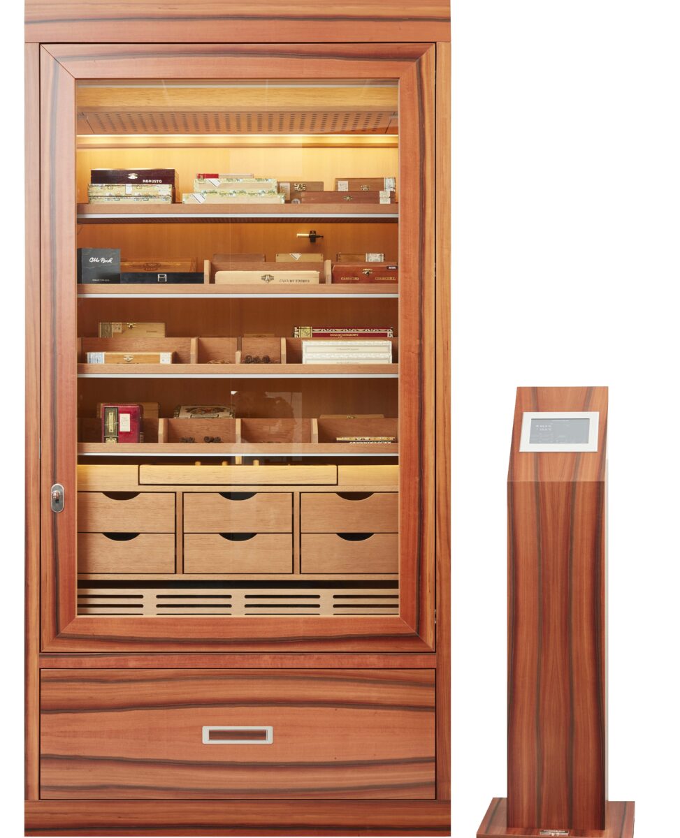 Cigar cabinet from Gerber made in Germany electronic humidification in Tineo, indian apple . The inner cabinet with 6 Cigar drawers is made from Spanish Cedar