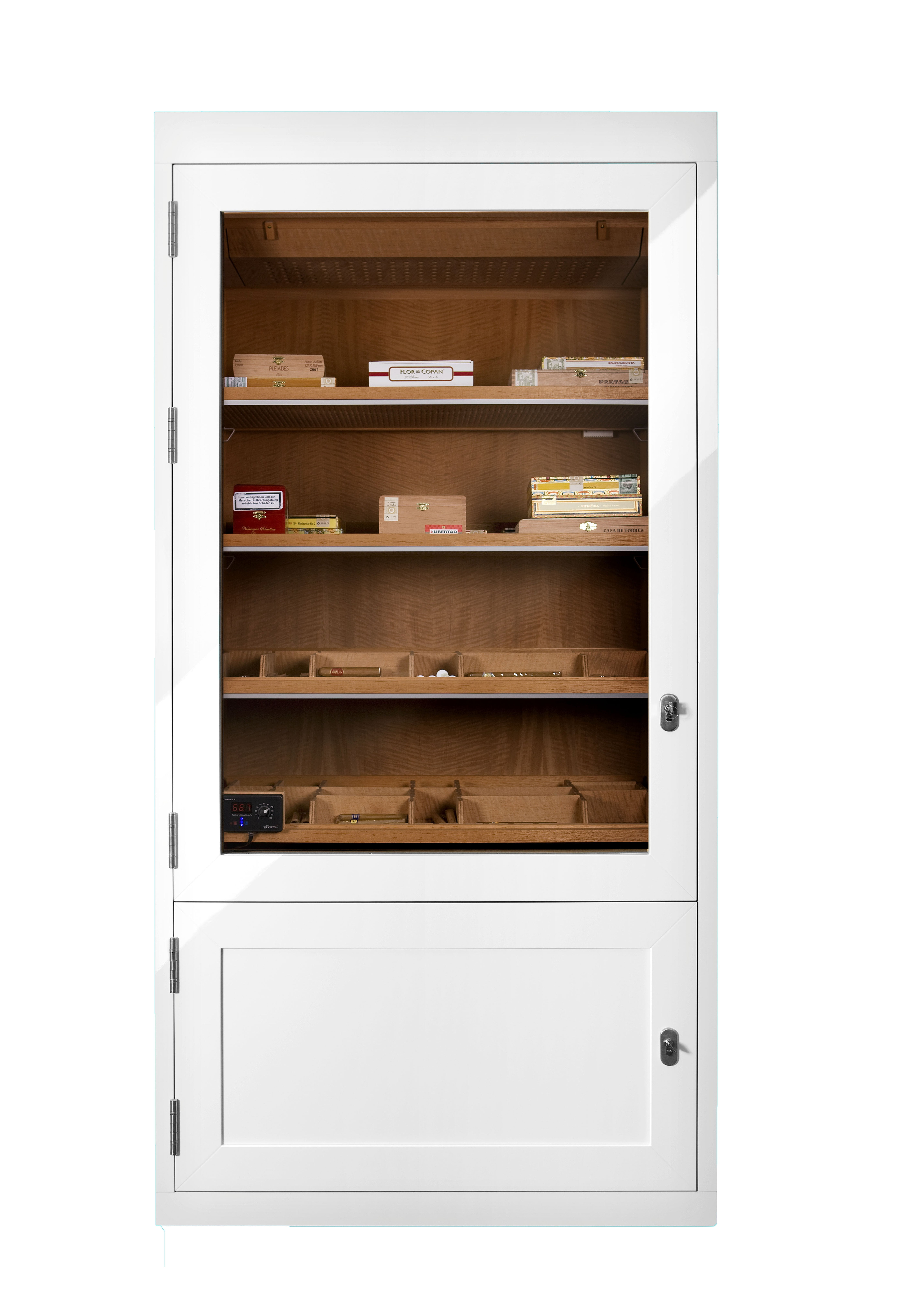 Cigar cabinet from Gerber made in Germany electronic humidification in white lacquer. The inner cabinet is made from Spanish Cedar