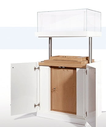 Cigar cabinet with electronically controlled relative humidity - glass dome raised.