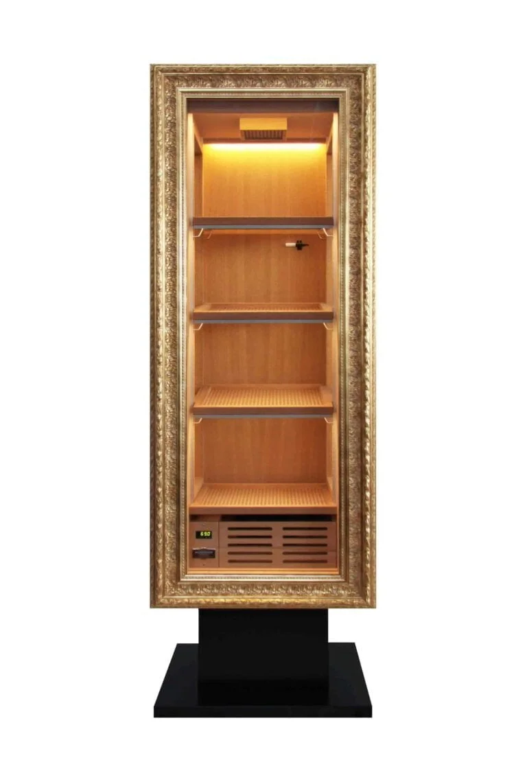 cigar cabinet with goldne frame and electronic controlled humidity
